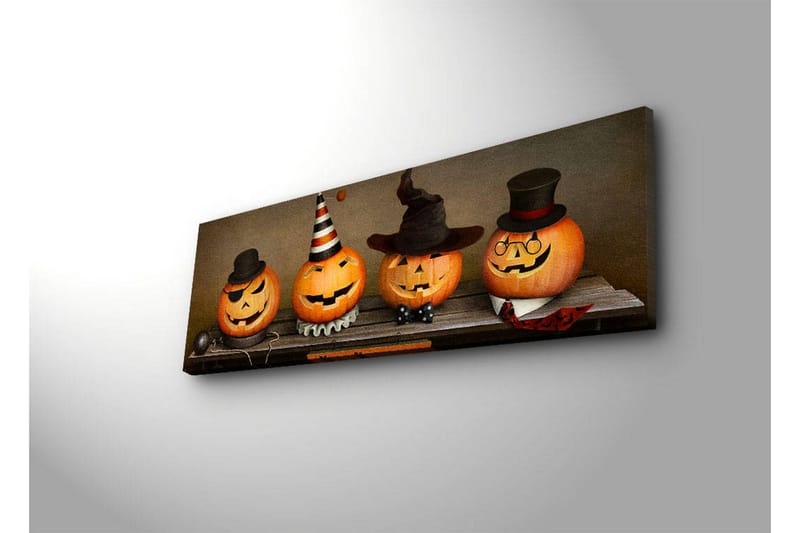 Canvastavla med LED-belysning 30x90 cm - Glada pumpor klädda för Halloween - Orange / Svart / Vit - Inredning & dekor - Tavlor & konst - Canvastavla
