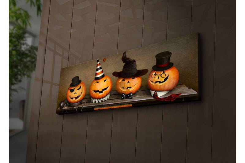 Canvastavla med LED-belysning 30x90 cm - Glada pumpor klädda för Halloween - Orange / Svart / Vit - Inredning & dekor - Tavlor & konst - Canvastavla