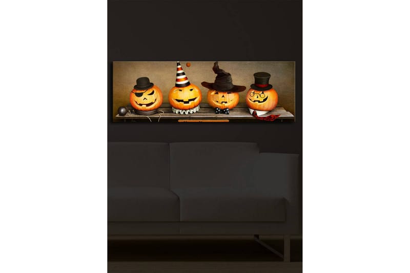 Canvastavla med LED-belysning 30x90 cm - Glada pumpor klädda för Halloween - Orange / Svart / Vit - Inredning & dekor - Tavlor & konst - Canvastavla
