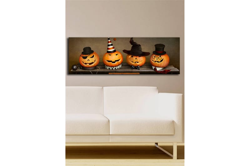 Canvastavla med LED-belysning 30x90 cm - Glada pumpor klädda för Halloween - Orange / Svart / Vit - Inredning & dekor - Tavlor & konst - Canvastavla