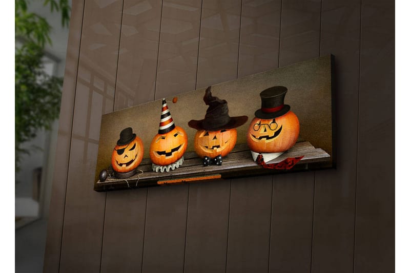 Canvastavla med LED-belysning 30x90 cm - Glada pumpor klädda för Halloween - Orange / Svart / Vit - Inredning & dekor - Tavlor & konst - Canvastavla