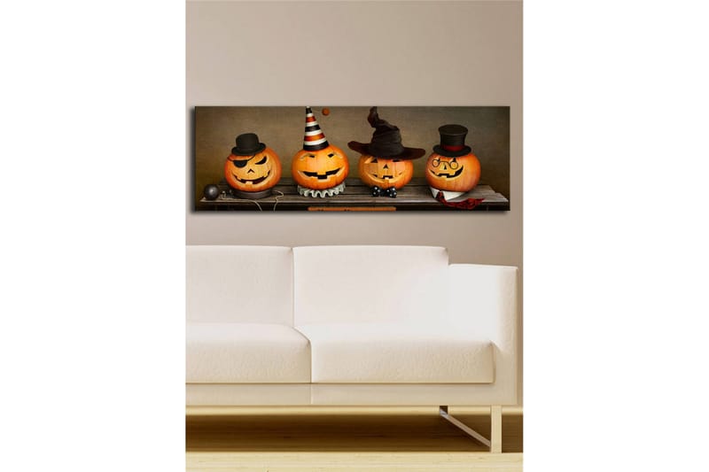 Canvastavla med LED-belysning 30x90 cm - Glada pumpor klädda för Halloween - Orange / Svart / Vit - Inredning & dekor - Tavlor & konst - Canvastavla