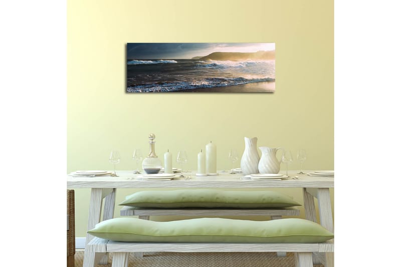 Canvastavla med LED-belysning 30x90 cm - Havslandskap med vågor och solnedgång - Blå / Beige / Mörkgrön - Inredning & dekor - Tavlor & konst - Canvastavla