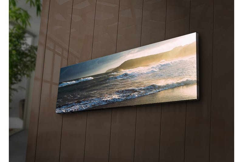 Canvastavla med LED-belysning 30x90 cm - Havslandskap med vågor och solnedgång - Blå / Beige / Mörkgrön - Inredning & dekor - Tavlor & konst - Canvastavla
