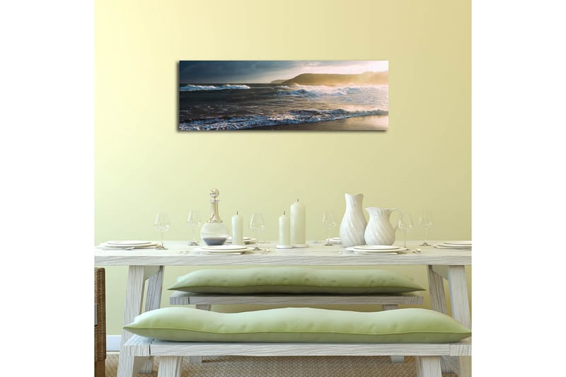 Canvastavla med LED-belysning 30x90 cm - Havslandskap med vågor och solnedgång - Blå / Beige / Mörkgrön - Inredning & dekor - Tavlor & konst - Canvastavla