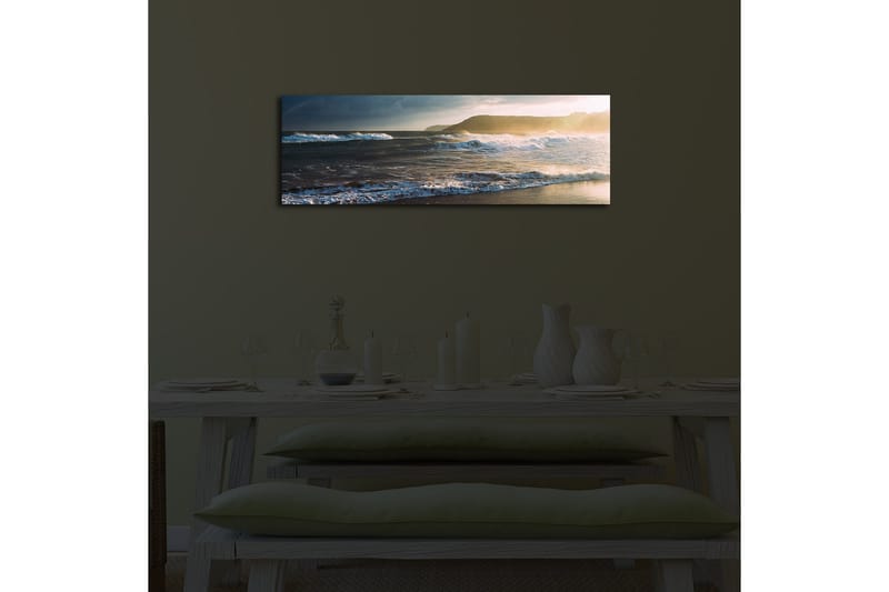 Canvastavla med LED-belysning 30x90 cm - Havslandskap med vågor och solnedgång - Blå / Beige / Mörkgrön - Inredning & dekor - Tavlor & konst - Canvastavla