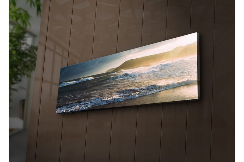 Canvastavla med LED-belysning 30x90 cm - Havslandskap med vågor och solnedgång - Blå / Beige / Mörkgrön - Inredning & dekor - Tavlor & konst - Canvastavla