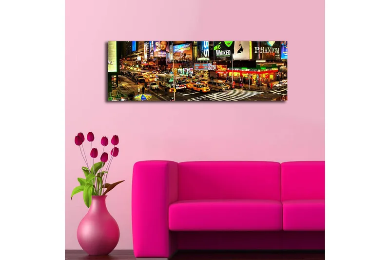 Canvastavla med LED-belysning 30x90 cm - Livlig stadsbild av Times Square med neonskyltar och trafik - Gul / Grön / Röd - Inredning & dekor - Tavlor & konst - Canvastavla