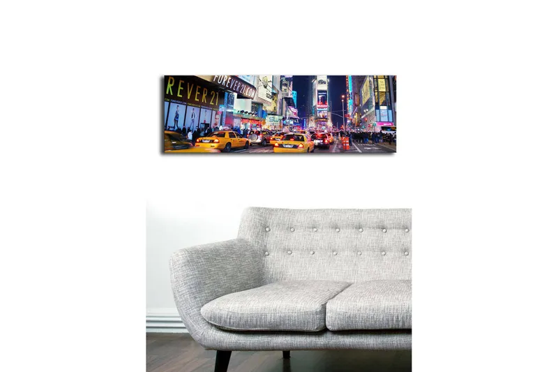 Canvastavla med LED-belysning 30x90 cm - Livlig stadsbild med gula taxibilar i en nattlig miljö - Gul / Blå / Svart - Inredning & dekor - Tavlor & konst - Canvastavla