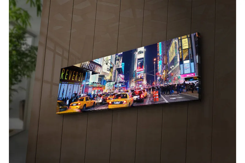 Canvastavla med LED-belysning 30x90 cm - Livlig stadsbild med gula taxibilar i en nattlig miljö - Gul / Blå / Svart - Inredning & dekor - Tavlor & konst - Canvastavla