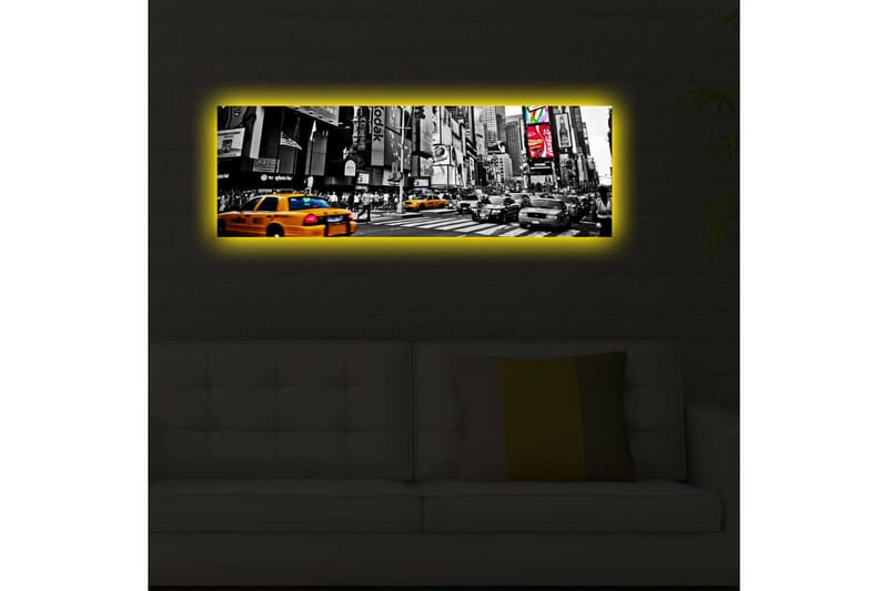 Canvastavla med LED-belysning 30x90 cm - Livlig stadsbild med gula taxibilar i en urban miljö - Gul / Svart / Grå - Inredning & dekor - Tavlor & konst - Canvastavla