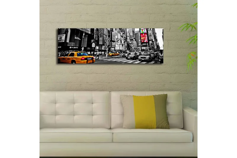 Canvastavla med LED-belysning 30x90 cm - Livlig stadsbild med gula taxibilar i en urban miljö - Gul / Svart / Grå - Inredning & dekor - Tavlor & konst - Canvastavla