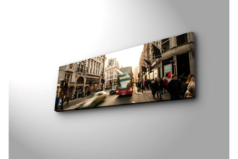 Canvastavla med LED-belysning 30x90 cm - Livlig stadsbild med rörelse och människor på en gata - Röd / Beige / Grön - Inredning & dekor - Tavlor & konst - Canvastavla