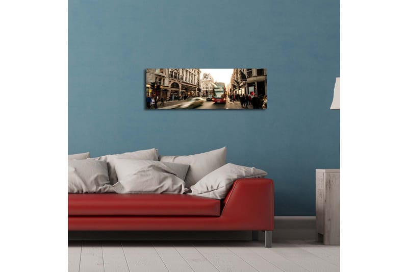 Canvastavla med LED-belysning 30x90 cm - Livlig stadsbild med rörelse och människor på en gata - Röd / Beige / Grön - Inredning & dekor - Tavlor & konst - Canvastavla