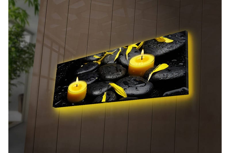 Canvastavla med LED-belysning 30x90 cm - Lugnande komposition med svarta stenar och brinnande ljus, Svart / Gul / Grå