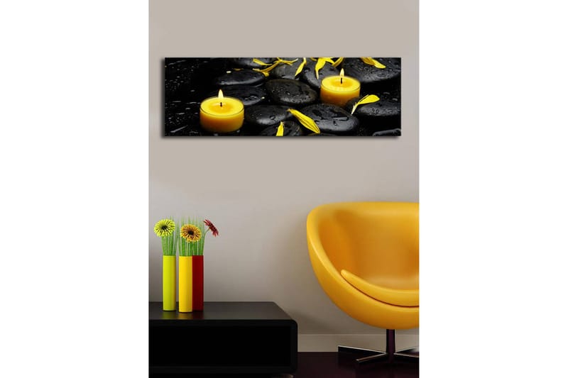 Canvastavla med LED-belysning 30x90 cm - Lugnande komposition med svarta stenar och brinnande ljus - Svart / Gul / Grå - Inredning & dekor - Tavlor & konst - Canvastavla