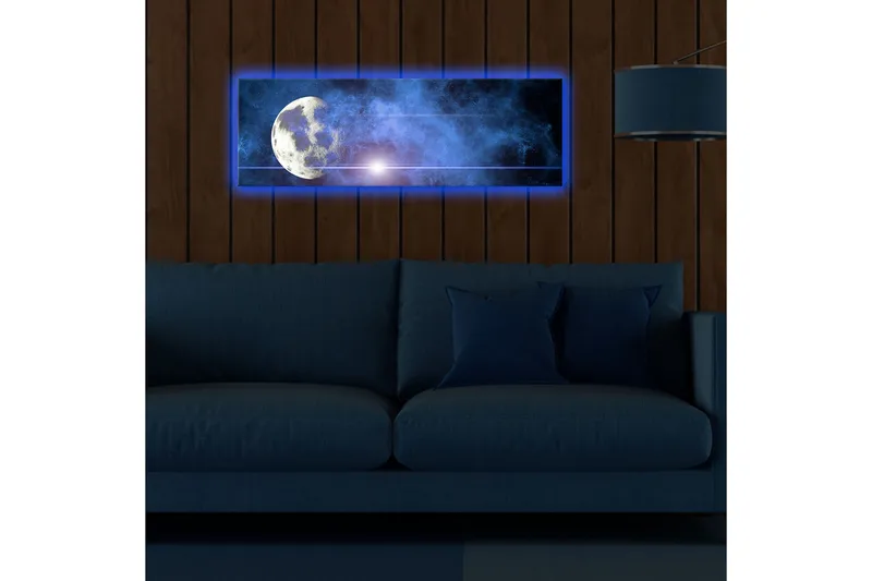 Canvastavla med LED-belysning 30x90 cm - Måne i en stjärnklar himmel med nebulosa - Mörkblå / Ljusblå / Vit - Inredning & dekor - Tavlor & konst - Canvastavla