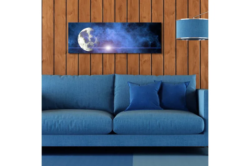 Canvastavla med LED-belysning 30x90 cm - Måne i en stjärnklar himmel med nebulosa - Mörkblå / Ljusblå / Vit - Inredning & dekor - Tavlor & konst - Canvastavla