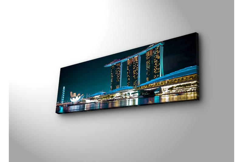 Canvastavla med LED-belysning 30x90 cm - Modern stadslandskap med futuristiska byggnader vid vattenytan - Mörkblå / Ljusblå / Vit - Inredning & dekor - Tavlor & konst - Canvastavla