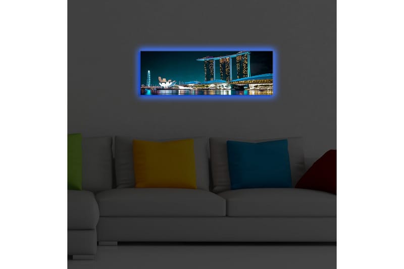 Canvastavla med LED-belysning 30x90 cm - Modern stadslandskap med futuristiska byggnader vid vattenytan - Mörkblå / Ljusblå / Vit - Inredning & dekor - Tavlor & konst - Canvastavla