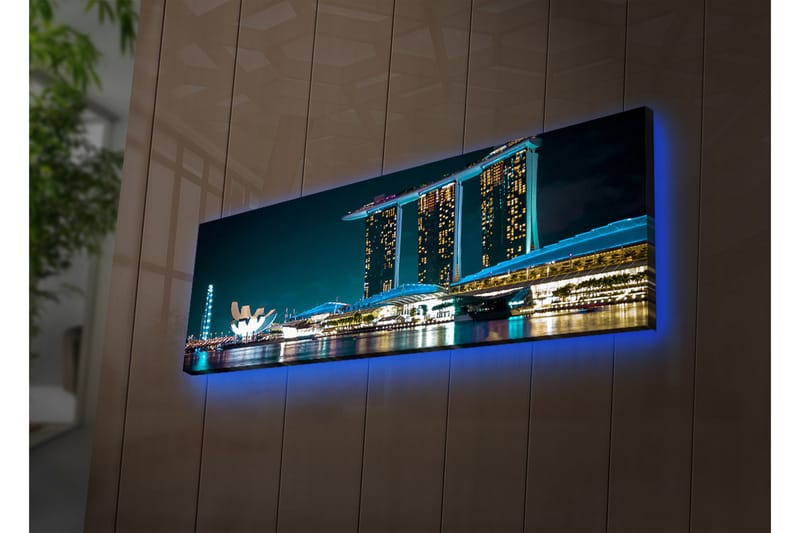 Canvastavla med LED-belysning 30x90 cm - Modern stadslandskap med futuristiska byggnader vid vattenytan - Mörkblå / Ljusblå / Vit - Inredning & dekor - Tavlor & konst - Canvastavla