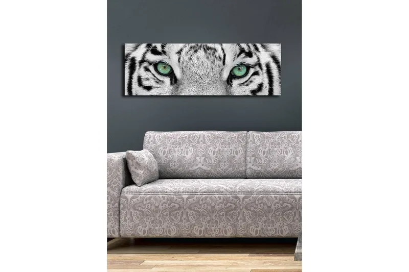 Canvastavla med LED-belysning 30x90 cm - Närbild av en vit tigers ögon med intensiva detaljer - Vit / Svart / Grön - Inredning & dekor - Tavlor & konst - Canvastavla