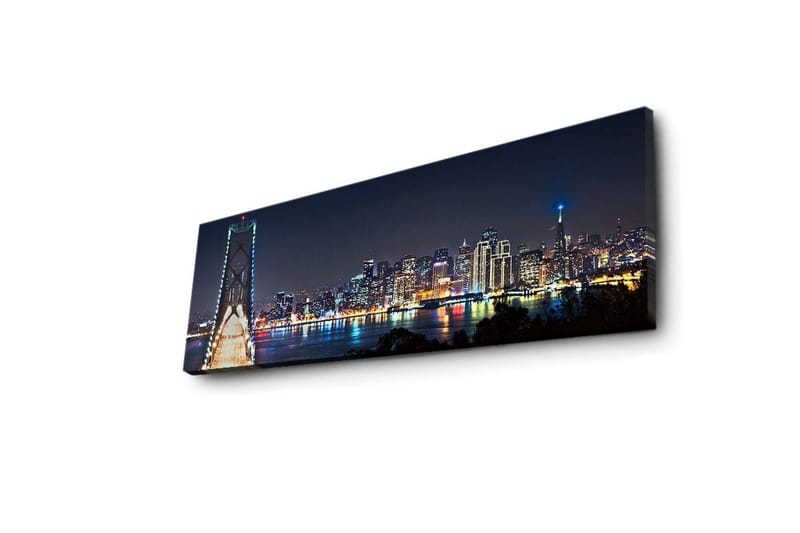 Canvastavla med LED-belysning 30x90 cm - Nattlig stadsbild med en bro och silhuetter av skyskrapor - Mörkblå / Ljusgrön / Vit - Inredning & dekor - Tavlor & konst - Canvastavla