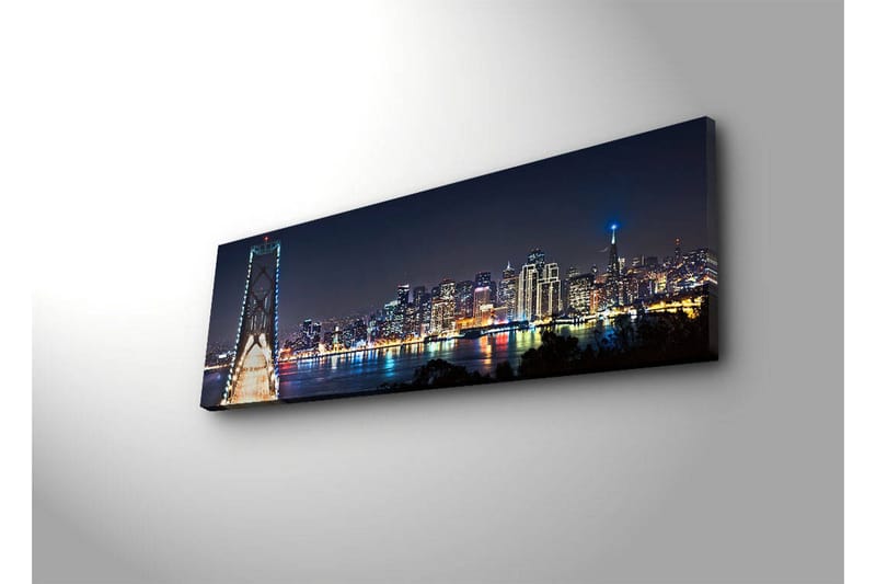 Canvastavla med LED-belysning 30x90 cm - Nattlig stadsbild med en bro och silhuetter av skyskrapor - Mörkblå / Ljusgrön / Vit - Inredning & dekor - Tavlor & konst - Canvastavla