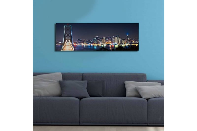 Canvastavla med LED-belysning 30x90 cm - Nattlig stadsbild med en bro och silhuetter av skyskrapor - Mörkblå / Ljusgrön / Vit - Inredning & dekor - Tavlor & konst - Canvastavla