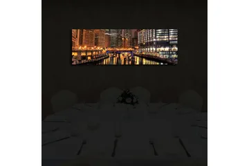 Canvastavla med LED-belysning 30x90 cm - Nattlig stadsbild med reflektioner i vattnet - Guld / Blå / Svart - Inredning & dekor - Tavlor & konst - Canvastavla