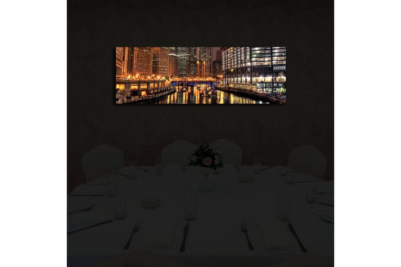 Canvastavla med LED-belysning 30x90 cm - Nattlig stadsbild med reflektioner i vattnet - Guld / Blå / Svart - Inredning & dekor - Tavlor & konst - Canvastavla