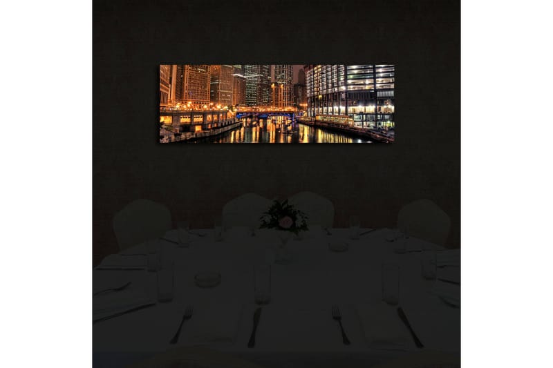 Canvastavla med LED-belysning 30x90 cm - Nattlig stadsbild med reflektioner i vattnet - Guld / Blå / Svart - Inredning & dekor - Tavlor & konst - Canvastavla