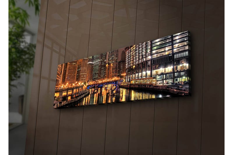 Canvastavla med LED-belysning 30x90 cm - Nattlig stadsbild med reflektioner i vattnet - Guld / Blå / Svart - Inredning & dekor - Tavlor & konst - Canvastavla
