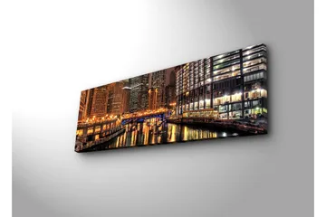 Canvastavla med LED-belysning 30x90 cm - Nattlig stadsbild med reflektioner i vattnet - Guld / Blå / Svart - Inredning & dekor - Tavlor & konst - Canvastavla