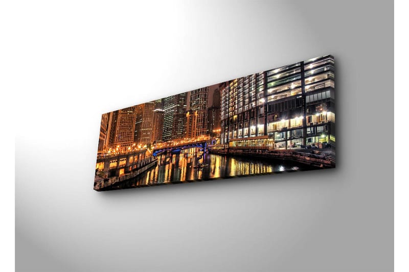 Canvastavla med LED-belysning 30x90 cm - Nattlig stadsbild med reflektioner i vattnet - Guld / Blå / Svart - Inredning & dekor - Tavlor & konst - Canvastavla