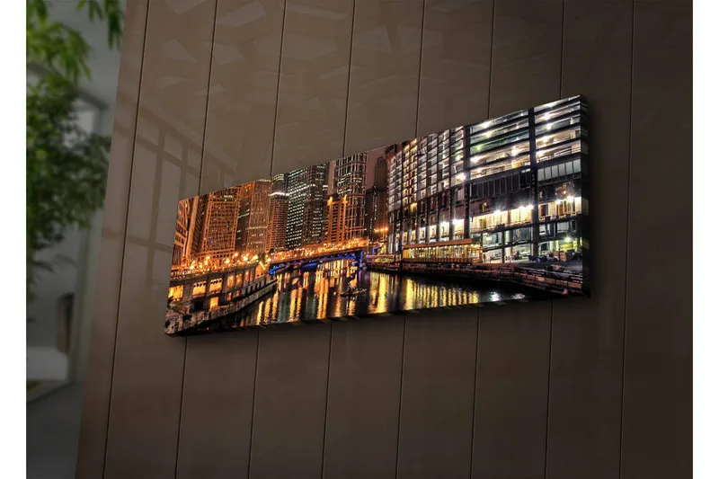 Canvastavla med LED-belysning 30x90 cm - Nattlig stadsbild med reflektioner i vattnet - Guld / Blå / Svart - Inredning & dekor - Tavlor & konst - Canvastavla