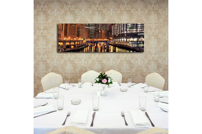 Canvastavla med LED-belysning 30x90 cm - Nattlig stadsbild med reflektioner i vattnet - Guld / Blå / Svart - Inredning & dekor - Tavlor & konst - Canvastavla