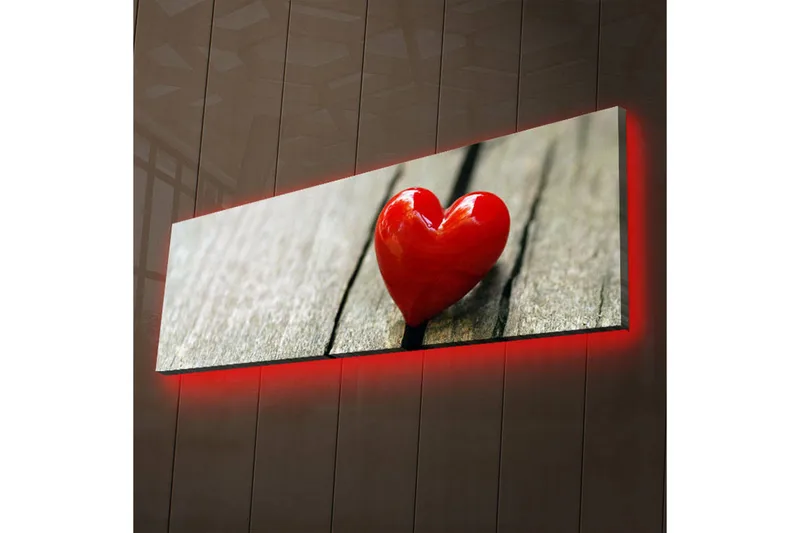 Canvastavla med LED-belysning 30x90 cm - Röd hjärtformad dekoration på en träyta, Röd / Brun
