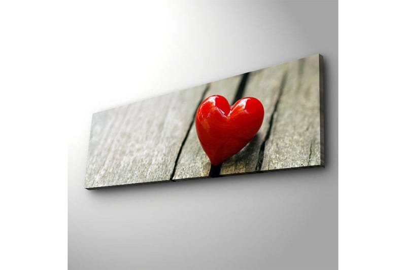 Canvastavla med LED-belysning 30x90 cm - Röd hjärtformad dekoration på en träyta - Röd / Brun - Inredning & dekor - Tavlor & konst - Canvastavla