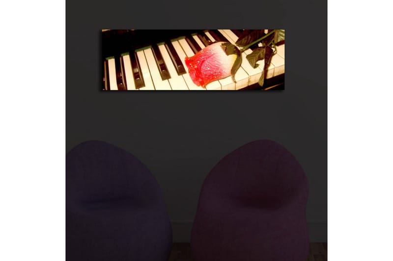 Canvastavla med LED-belysning 30x90 cm - Röd ros på ett piano med svarta och vita tangenter - Röd / Svart / Vit - Inredning & dekor - Tavlor & konst - Canvastavla