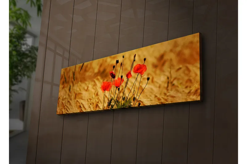 Canvastavla med LED-belysning 30x90 cm - Röd vallmo i gyllene fält - Röd / Guldbrun - Inredning & dekor - Tavlor & konst - Canvastavla
