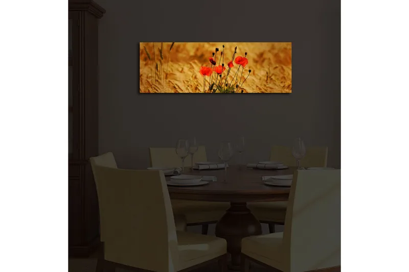 Canvastavla med LED-belysning 30x90 cm - Röd vallmo i gyllene fält - Röd / Guldbrun - Inredning & dekor - Tavlor & konst - Canvastavla
