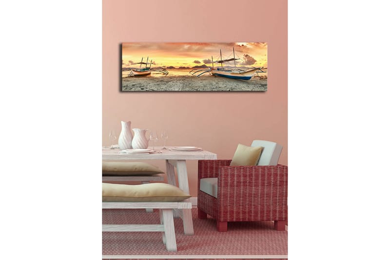 Canvastavla med LED-belysning 30x90 cm - Segelbåtar vid solnedgången över havet - Orange / Blå / Beige - Inredning & dekor - Tavlor & konst - Canvastavla