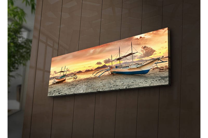 Canvastavla med LED-belysning 30x90 cm - Segelbåtar vid solnedgången över havet - Orange / Blå / Beige - Inredning & dekor - Tavlor & konst - Canvastavla
