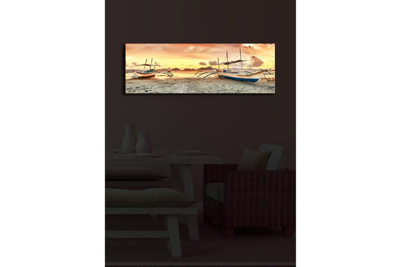 Canvastavla med LED-belysning 30x90 cm - Segelbåtar vid solnedgången över havet - Orange / Blå / Beige - Inredning & dekor - Tavlor & konst - Canvastavla