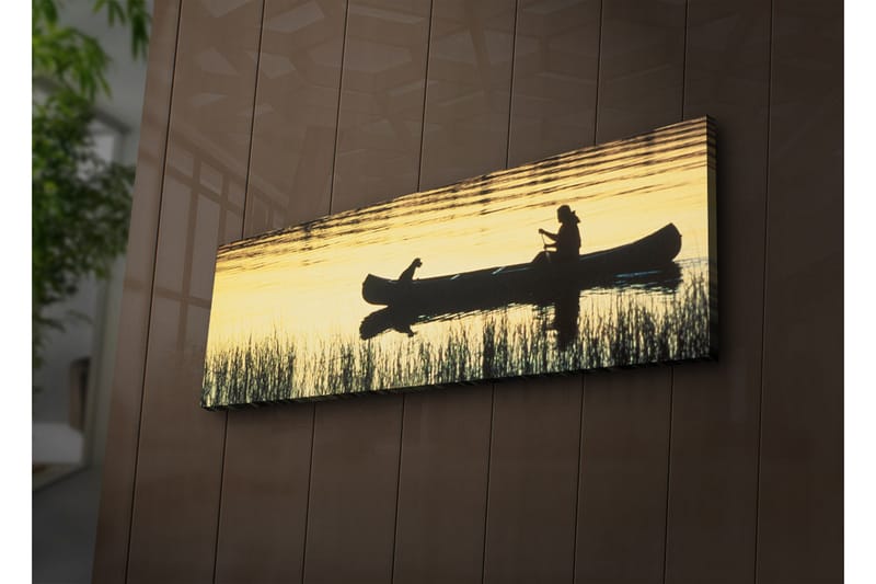 Canvastavla med LED-belysning 30x90 cm - Silhuett av en kanot med en person och en hund i solnedgångens ljus - Guld / Svart - Inredning & dekor - Tavlor & konst - Canvastavla