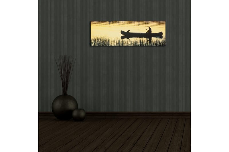 Canvastavla med LED-belysning 30x90 cm - Silhuett av en kanot med en person och en hund i solnedgångens ljus - Guld / Svart - Inredning & dekor - Tavlor & konst - Canvastavla