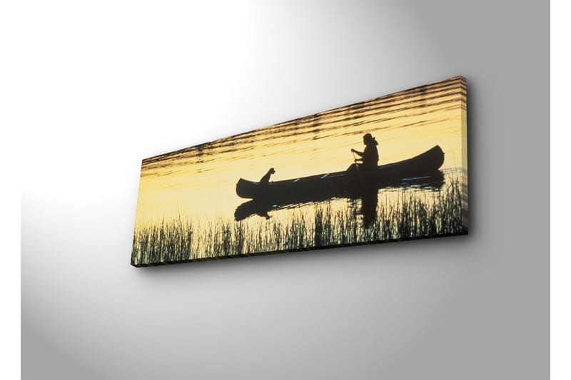 Canvastavla med LED-belysning 30x90 cm - Silhuett av en kanot med en person och en hund i solnedgångens ljus - Guld / Svart - Inredning & dekor - Tavlor & konst - Canvastavla