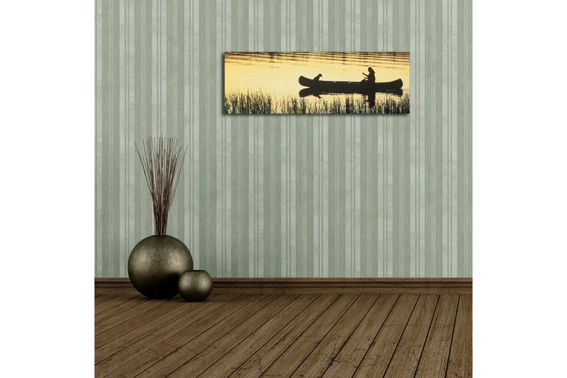 Canvastavla med LED-belysning 30x90 cm - Silhuett av en kanot med en person och en hund i solnedgångens ljus - Guld / Svart - Inredning & dekor - Tavlor & konst - Canvastavla