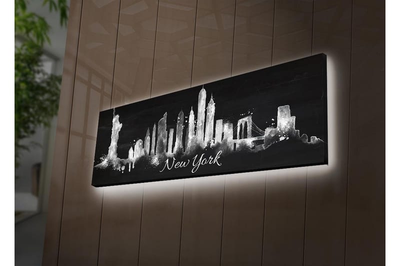 Canvastavla med LED-belysning 30x90 cm - Silhuett av New Yorks skyline med ikoniska byggnader, Svart / Vitt